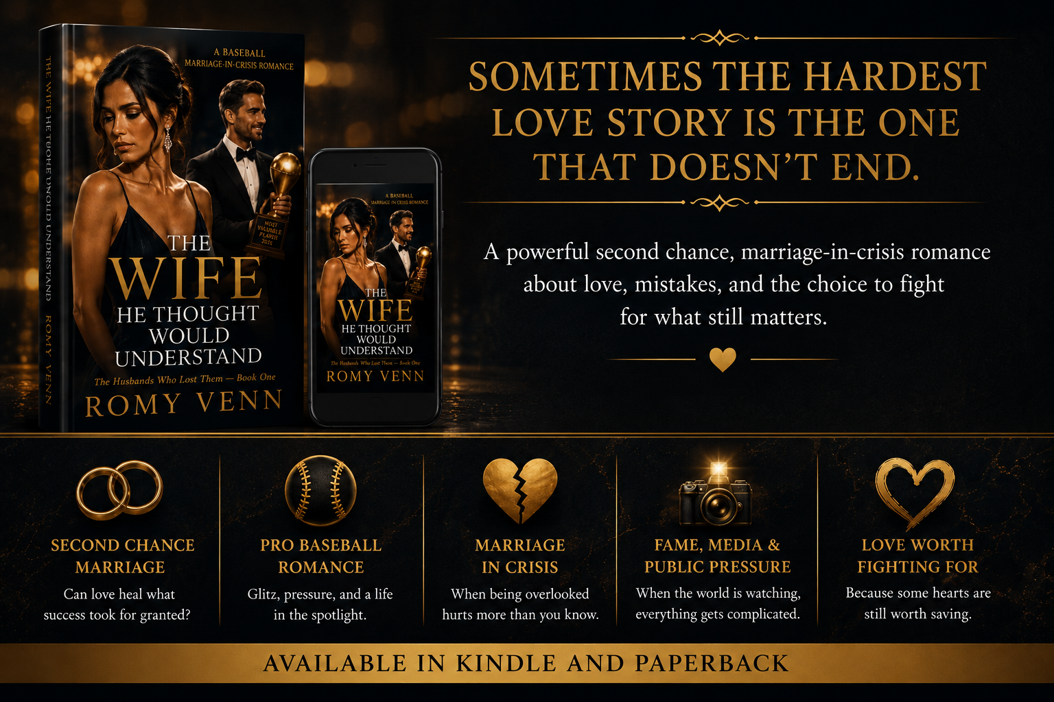 The Wife He Thought Would Understand book and Kindle mockups with romance tropes including second chance marriage, pro baseball, marriage in crisis, and public pressure.