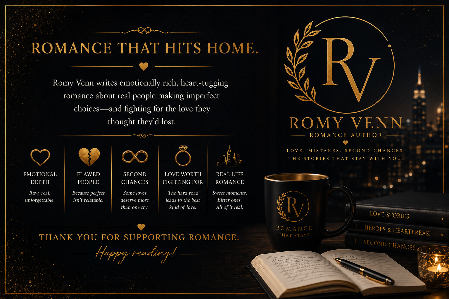 Romy Venn contemporary romance author branding with the RV monogram and the tagline Romance That Hits Home.