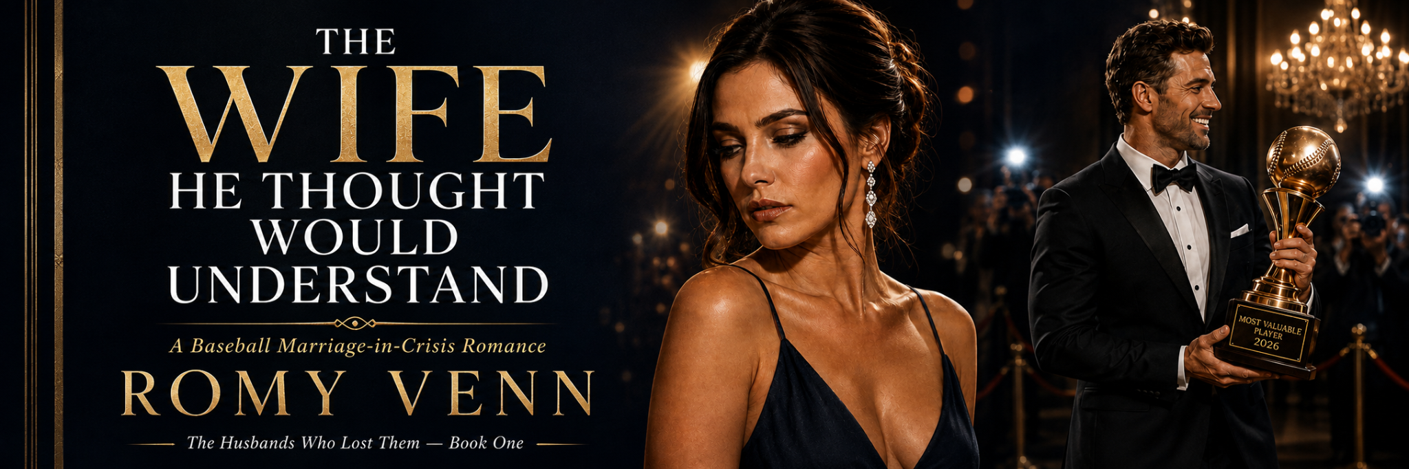 The Wife He Thought Would Understand by Romy Venn, a baseball marriage-in-crisis romance featuring Mara and Grant at a glamorous awards event.