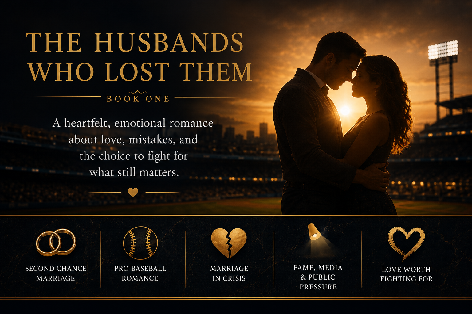 The Husbands Who Lost Them series artwork showing a couple at a baseball stadium at sunset and the themes of second chances, public pressure, and love worth fighting for.